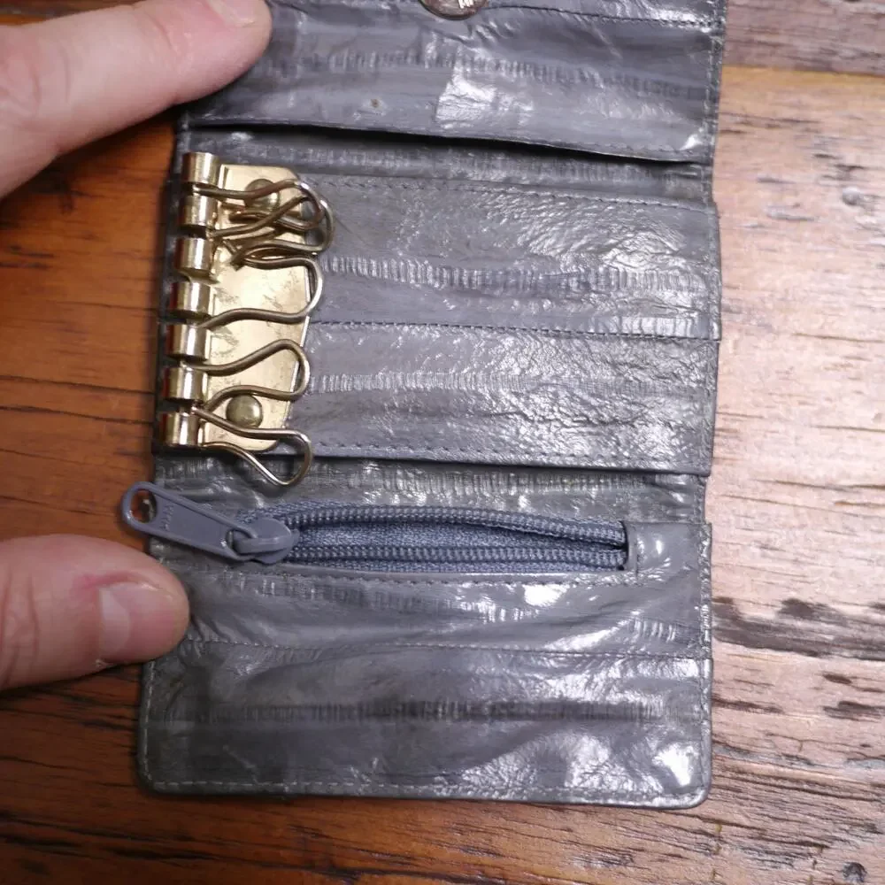 Vintage 80s Genuine Gray Eel Skin Leather Slim Key Wallet w/ Zip Pouch